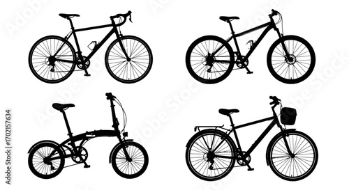 Four different bicycle silhouettes are displayed against a white background, including road, mountain, folding, and commuter bike styles.