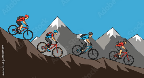 Four mountain bikers descend a rocky slope against a backdrop of snow-capped mountains and a clear blue sky.