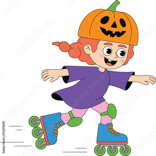 Cartoon girl with pumpkin hat roller skating halloween