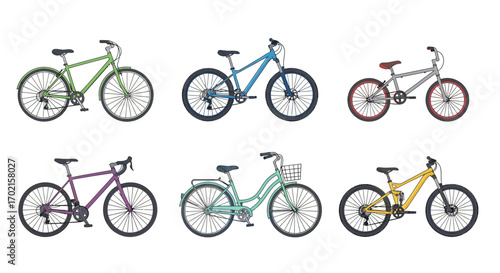 Six different bicycle designs in various colors, including mountain bikes, a road bike, and a classic bicycle with a basket.