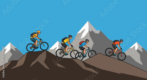 Four cyclists ride mountain bikes uphill on a brown trail with snow-capped mountains and a blue sky in the background.