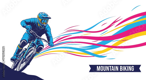 A mountain biker wearing protective gear rides downhill, with colorful abstract lines trailing behind, emphasizing speed and action.