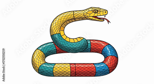 A colorful segmented snake with yellow head, blue middle, and red tail, tongue sticking out, coiled on a white background.