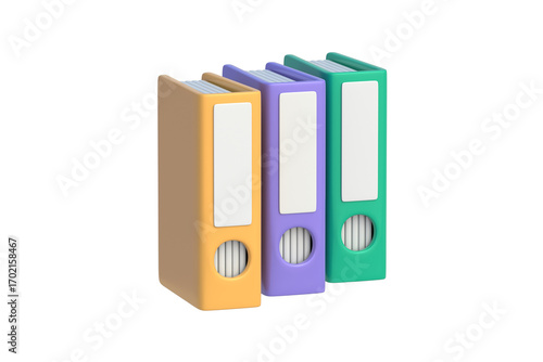 Colorful office folders for documents with hardcover isolated on white background. Stationery supplies. 3d render