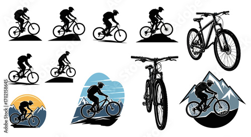 A collection of vector illustrations featuring a mountain biker riding in various poses and landscapes, including silhouettes and detailed bike depictions.