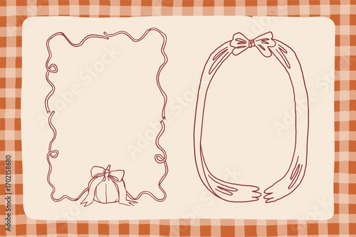 Autumn whimsy frames set, hand drawn line art style. Whimsical fall aesthetic border design. Cozy cottagecore autumn frame decor, vector