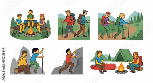 A collection of illustrations depicting outdoor activities: camping, hiking, rock climbing, and enjoying nature.