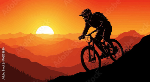 Silhouette of a mountain biker riding downhill against a vibrant orange sunset and mountainous landscape.