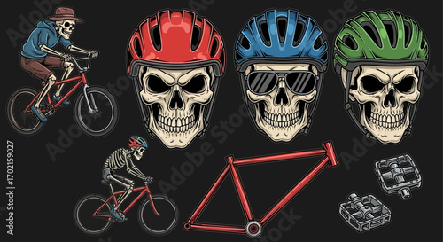 Illustration featuring skeletons riding bicycles, along with bicycle frames, pedals, and skull wearing helmets in red, blue, and green.