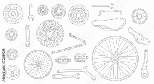 An overhead view of a bicycle's components, including wheels, gears, chain, pedals, seat, and tools, arranged on a white background.