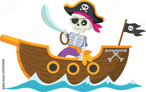 Cartoon skeleton pirate on wooden ship with sword and flag
