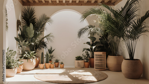 Modern bohemian interior with potted plants and natural decor
