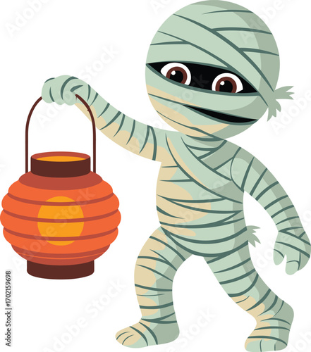 Cartoon mummy holding orange lantern halloween character