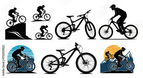 Collection of mountain bike silhouettes featuring cyclists riding on trails, jumping, and navigating mountainous landscapes.