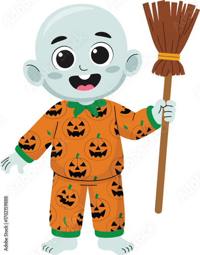 Cartoon ghost child in pumpkin pajamas holding broom