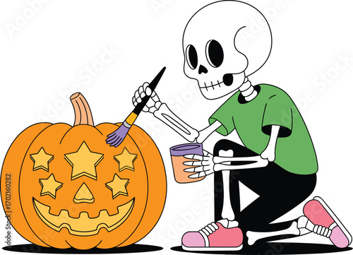 Skeleton painting a jack o lantern with stars halloween