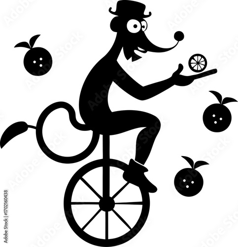 Monkey riding a unicycle juggling bananas. silhouette  vector black , white background 