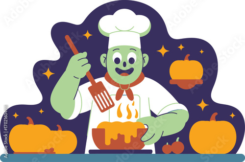 Green chef stirring pot with pumpkins and stars cooking