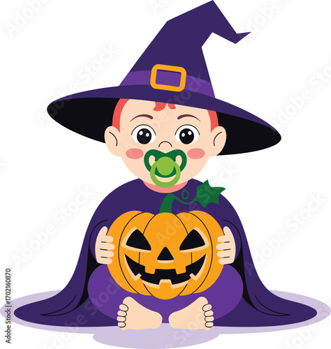 Baby in witch hat holding jack o lantern with pacifier