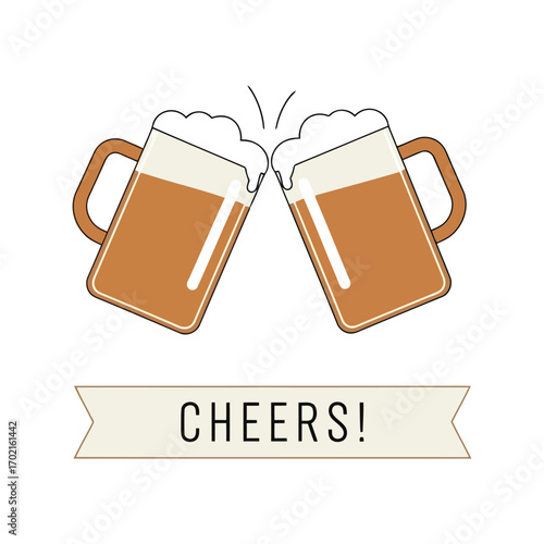 Two beer mugs clinking together with foam top celebration toast cheers event vector