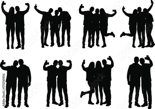 Silhouettes of Friends Taking Selfies in Groups and Pairs, Expressing Fun, Togetherness, Youth Culture, and Social Media Moments Vector