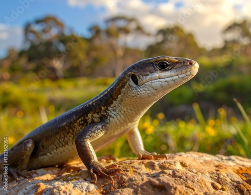 Closeup of a skink basking in the sun, with a beautiful natural backdrop