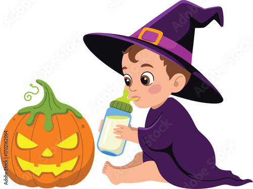 Baby witch drinking milk from bottle next to jack o lantern