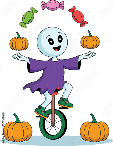 Cartoon ghost juggles pumpkins and candy on unicycle