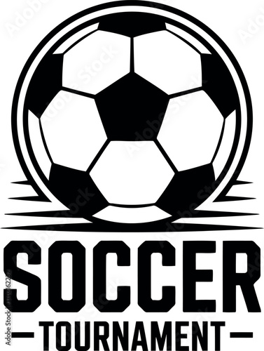Dynamic soccer tournament emblem graphic with bold text and classic ball design vector