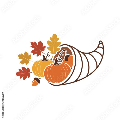 Cornucopia fall harvest pumpkins autumn leaves seasonal celebration abundance symbol vector