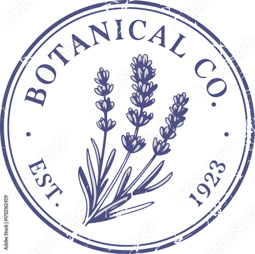 Vintage botanical co lavender stamp emblem seal emblematic floral design organic natural product branding vector