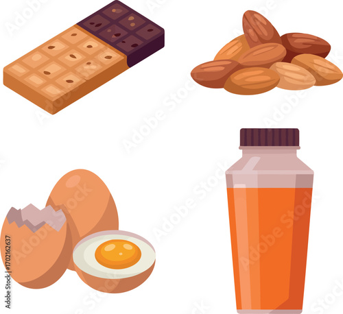 Healthy energy snack assortment chocolate bar nuts boiled eggs orange juice bottle vector