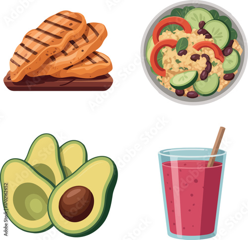 Healthy eating collage grilled chicken salad avocado smoothie diet vector