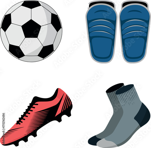 Soccer gear collection football ball cleats shin guards sports socks athlete equipment vector