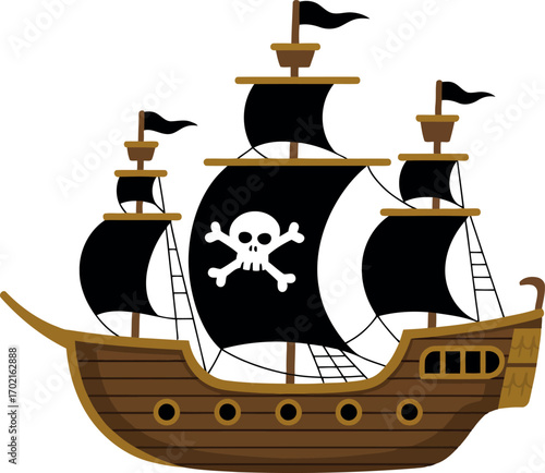 Pirate ship jolly roger sailing sea adventure treasure hunt fantasy vessel vector