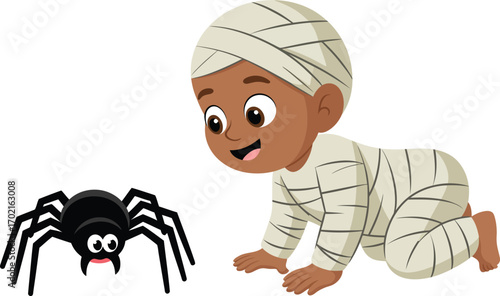 Cartoon child in mummy costume crawling towards a spider