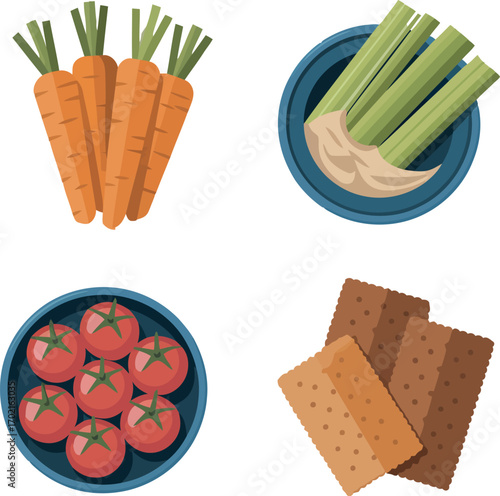 Fresh carrots celery dip tomatoes and wooden spoons overhead view healthy food arrangement vector