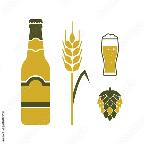 Craft beer ingredients bottle wheat hop glass beverage alcohol drinks brew vector