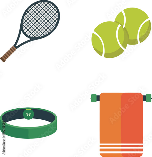 Tennis gear collection icons tennis racquet balls wristband towel flat vector vector