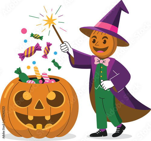 Cartoon pumpkin character with magic wand and candy