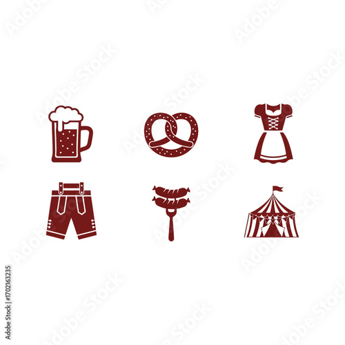 Oktoberfest icons beer pretzel dirndl lederhosen sausage tent symbols celebration party festive vector