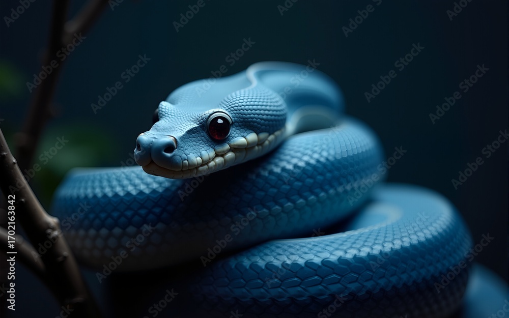 Fototapeta premium Blue Snake Coiled on Branch with Intense Gaze in Dark Setting. High quality