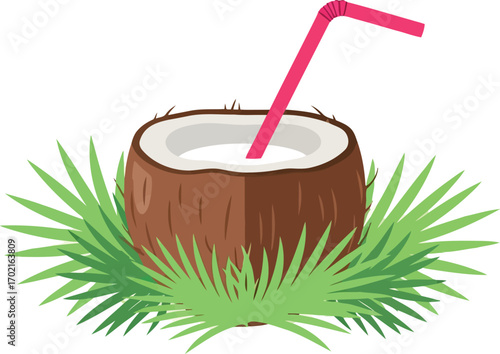 Tropical coconut drink summer refreshment palm leaf tropical beverage vector
