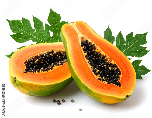 Wallpaper Mural Two halves of a vibrant papaya, showcasing its juicy orange flesh and dark seeds, sit atop a bright white background with lush green leaves. Torontodigital.ca