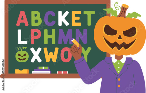 Pumpkin headed teacher writes alphabet on blackboard