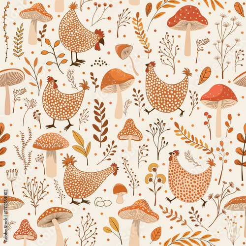 Seamless pattern with cartoon mushrooms and chickens birds and plants