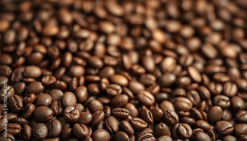 Fototapeta premium Blurred background of roasted coffee beans, rich brown tones, close-up, coffee culture