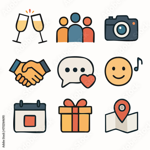 Vibrant Collection of Celebration and Communication Icons for Events and Social Interaction