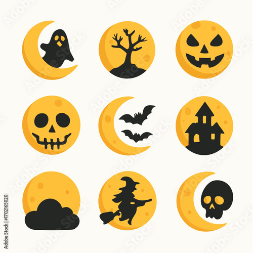 Set of Halloween-themed icons featuring spooky moon, scary faces, haunted house and bats