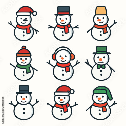 Set of nine cheerful winter snowmen with colorful scarves and hats for holiday celebrations